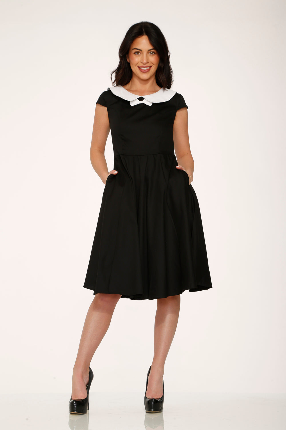 29190 Black White Collar Swing Dress