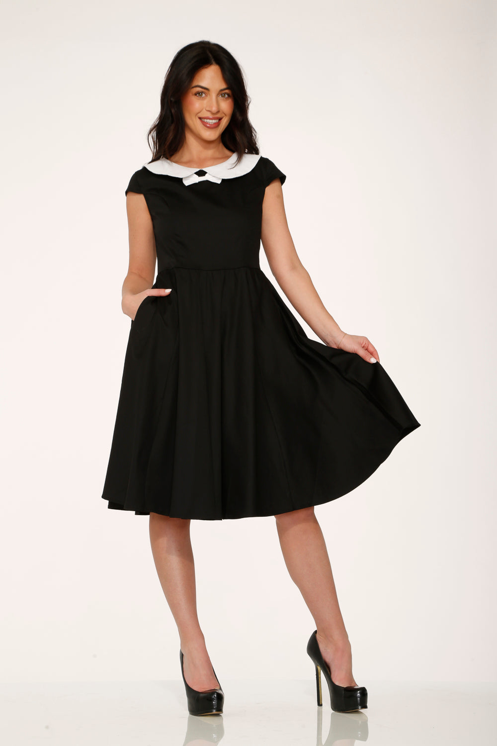 29190 Black White Collar Swing Dress